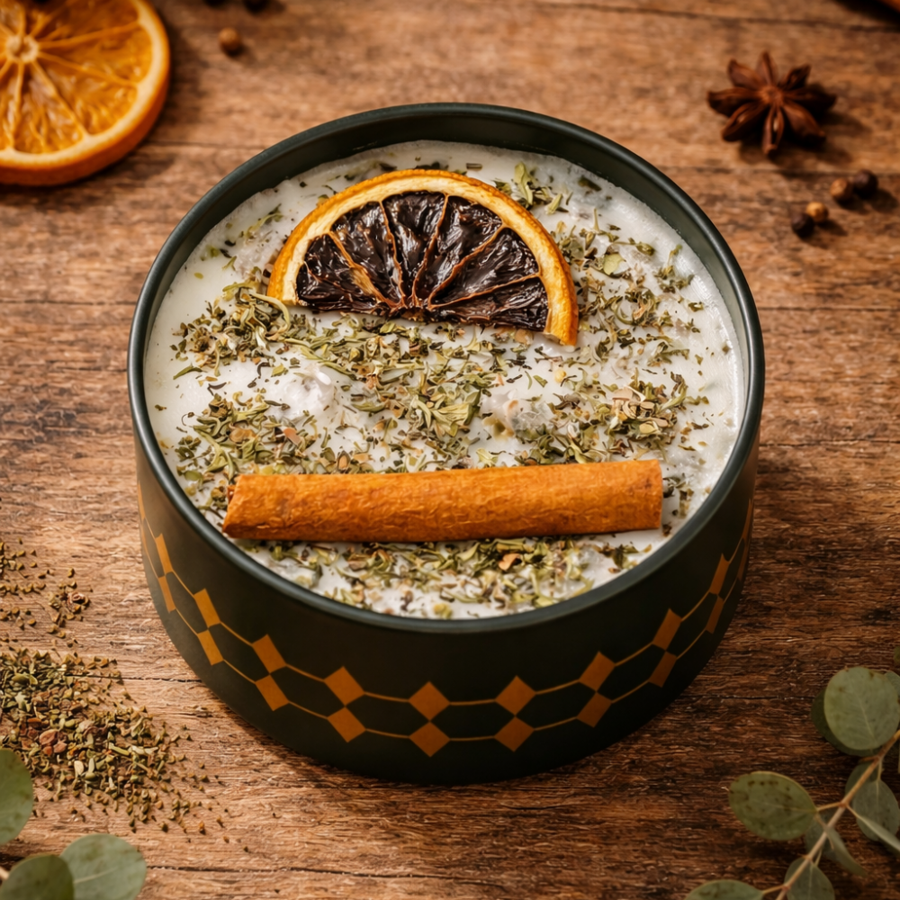 %100 Soya Mum – Doğal Katkısız El Yapımı Kekik, Tarçın ve Kurutulmuş Limonlu Kapaklı Teneke Mum