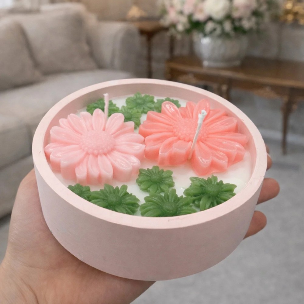 Amber Kokulu %100 Doğal Soya Mum – Aromaterapi Dekoratif Mum | Çiçek Desenli Tasarım 12x4 cm